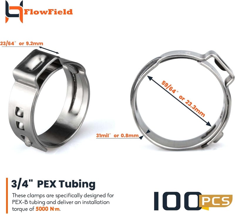 FlowField PEX Cinch Ear Hose Clamps, High Strength 304 Stainless Steel PEX Tubing Cinch Ring for PEX-b Tubing Pipe Fittings 3/4, 100Pcs - Image 2